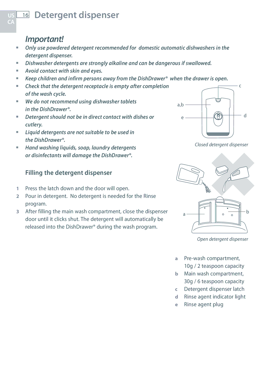 DCS DD24 manual Detergent dispenser, Filling the detergent dispenser 