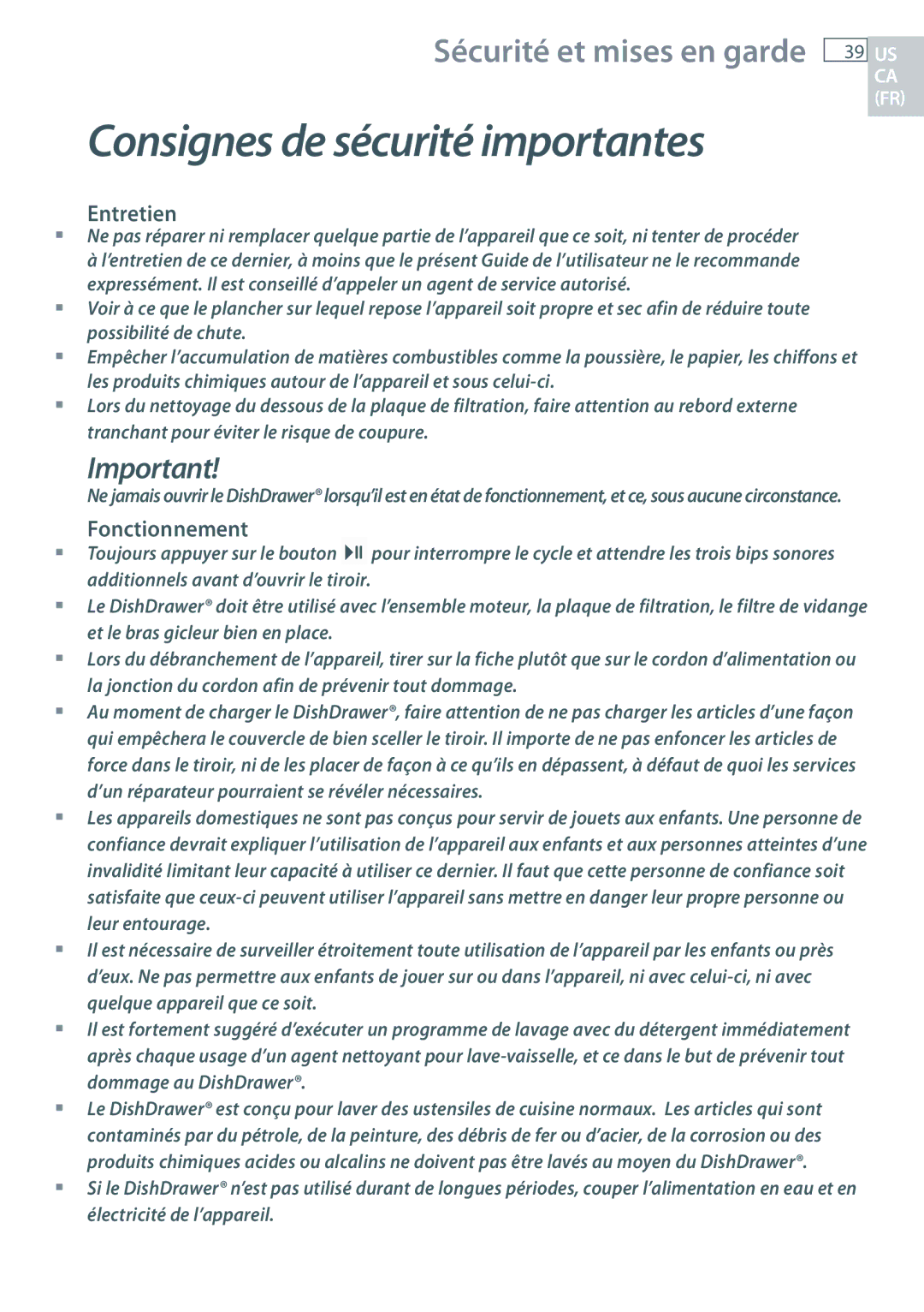 DCS DD24 manual Entretien, Fonctionnement 