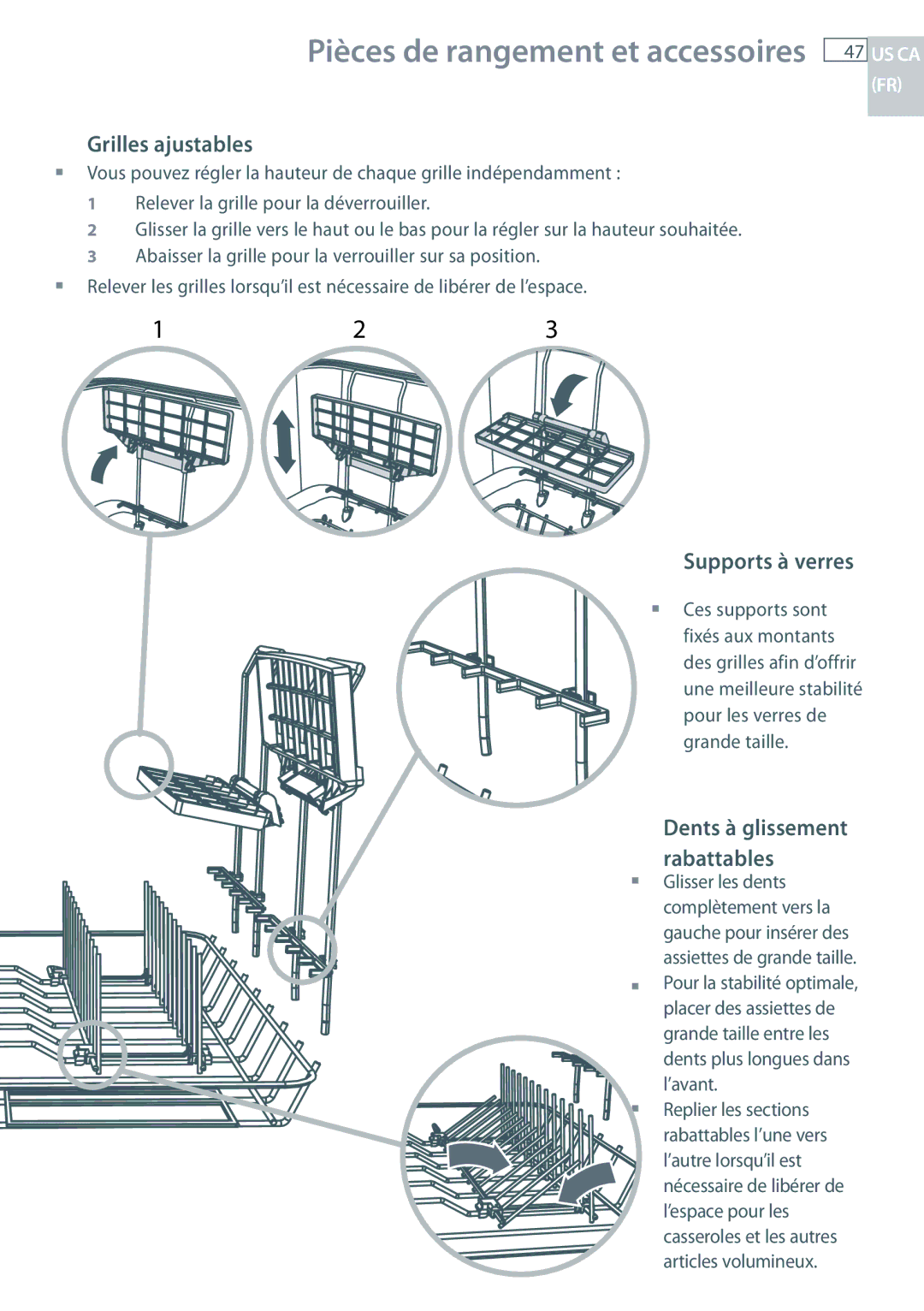 DCS DD24 manual Pièces de rangement et accessoires, Grilles ajustables, Supports à verres, Dents à glissement rabattables 