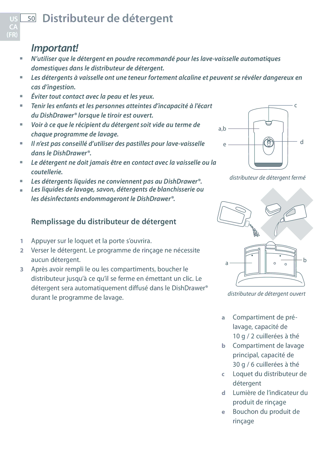 DCS DD24 manual Distributeur de détergent, Remplissage du distributeur de détergent 