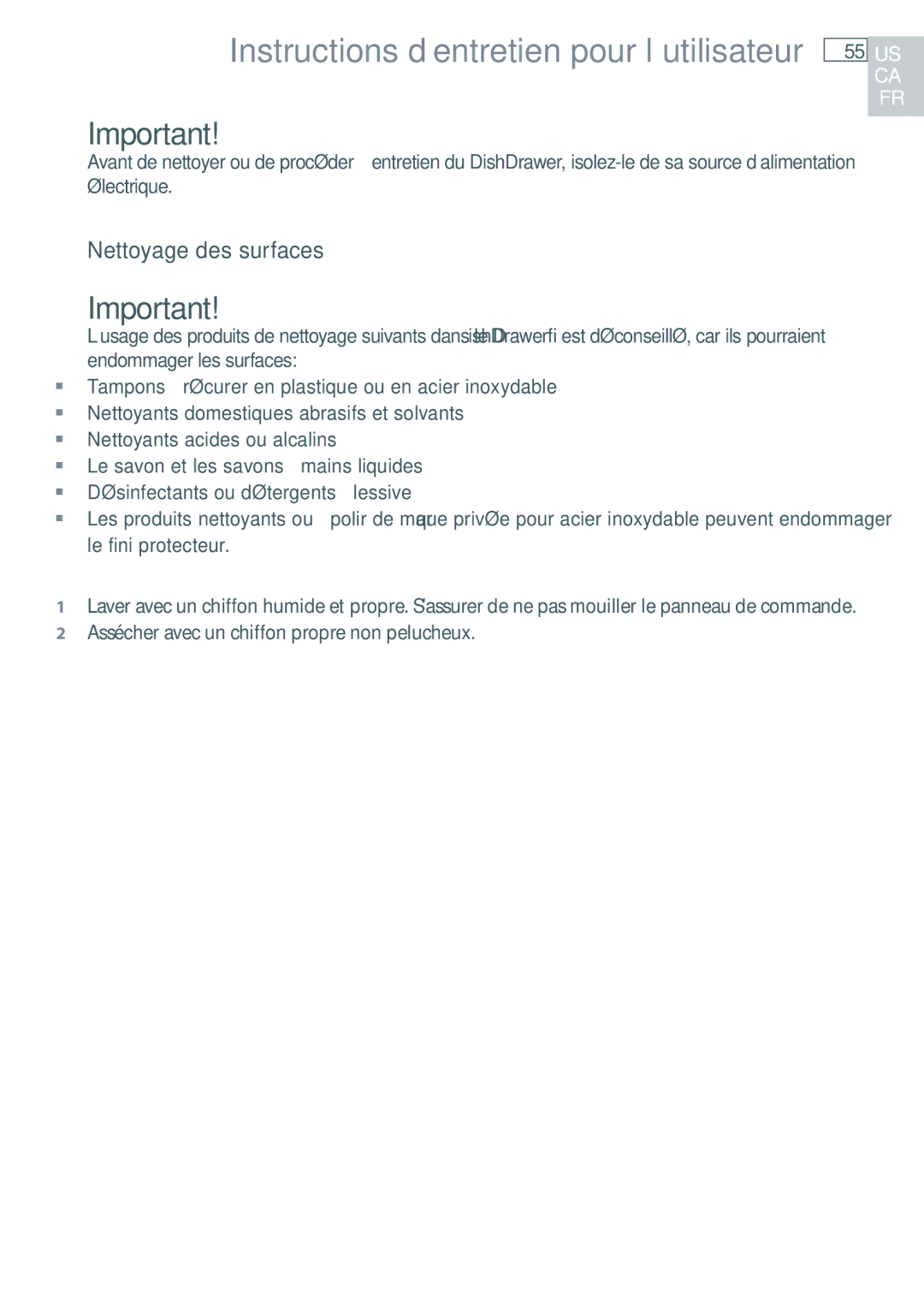 DCS DD24 manual Instructions d’entretien pour l’utilisateur, Nettoyage des surfaces 