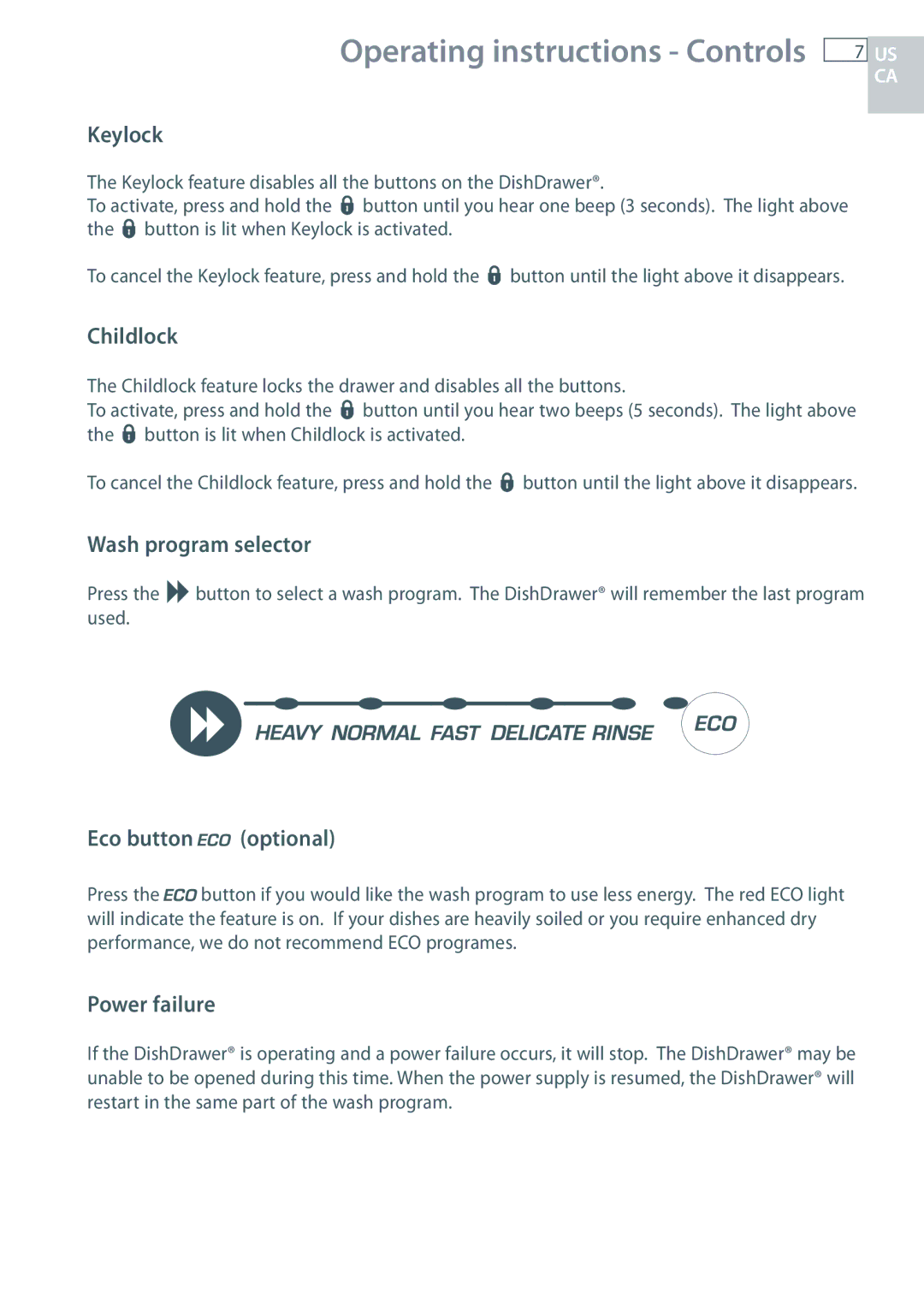 DCS DD24 manual Keylock, Childlock, Wash program selector, Eco button optional, Power failure 