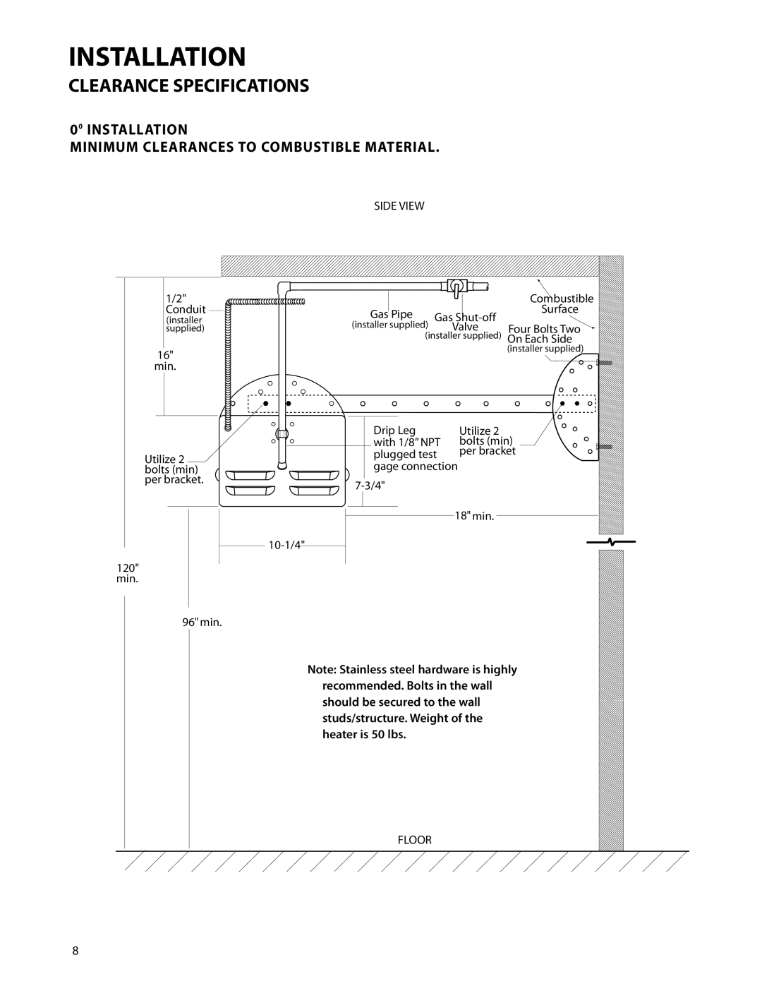 DCS DRH-48N manual Installation Minimum Clearances to Combustible Material, Side View 