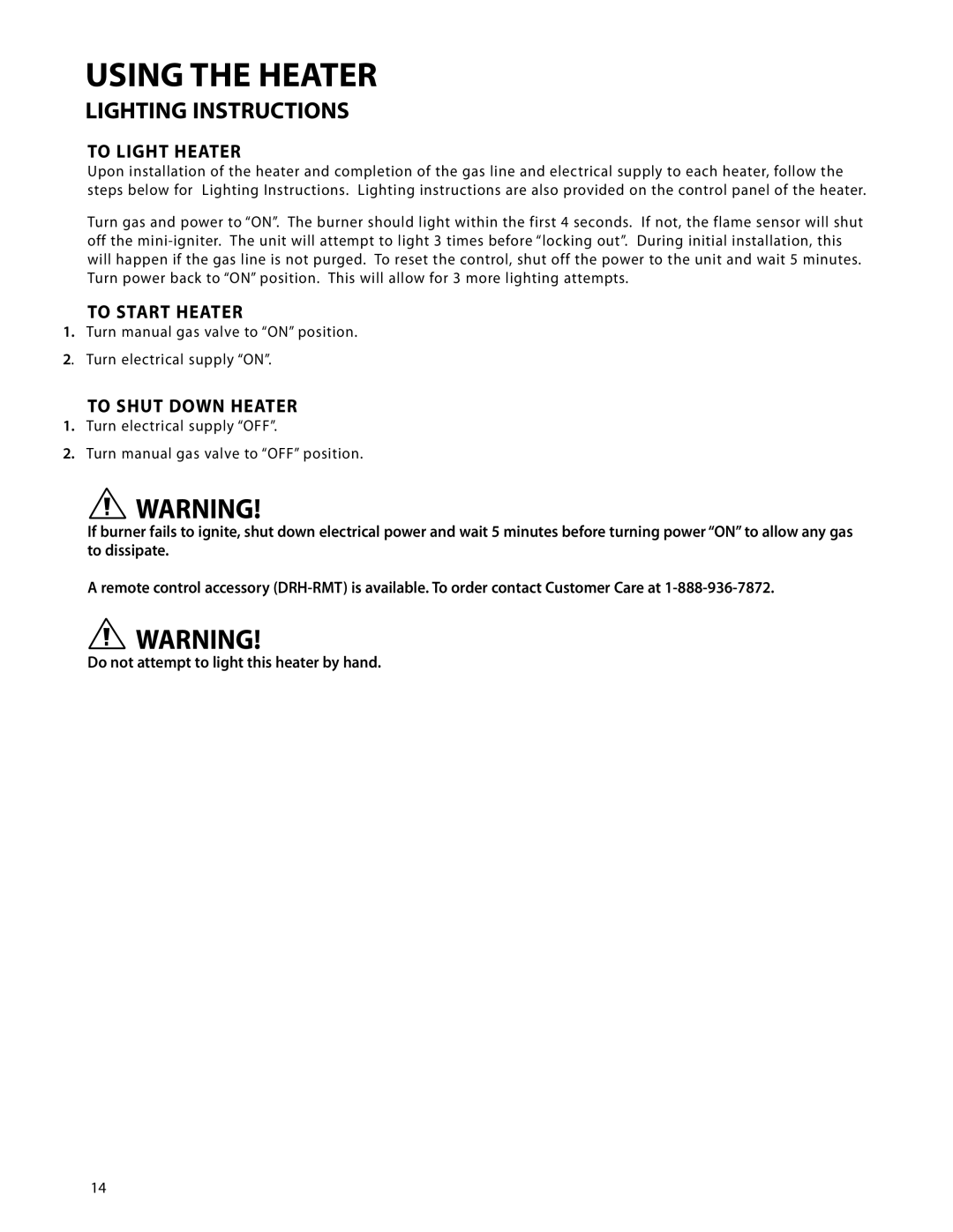 DCS DRH-48N manual Using the Heater, To Light Heater, To Start Heater, To Shut Down Heater 