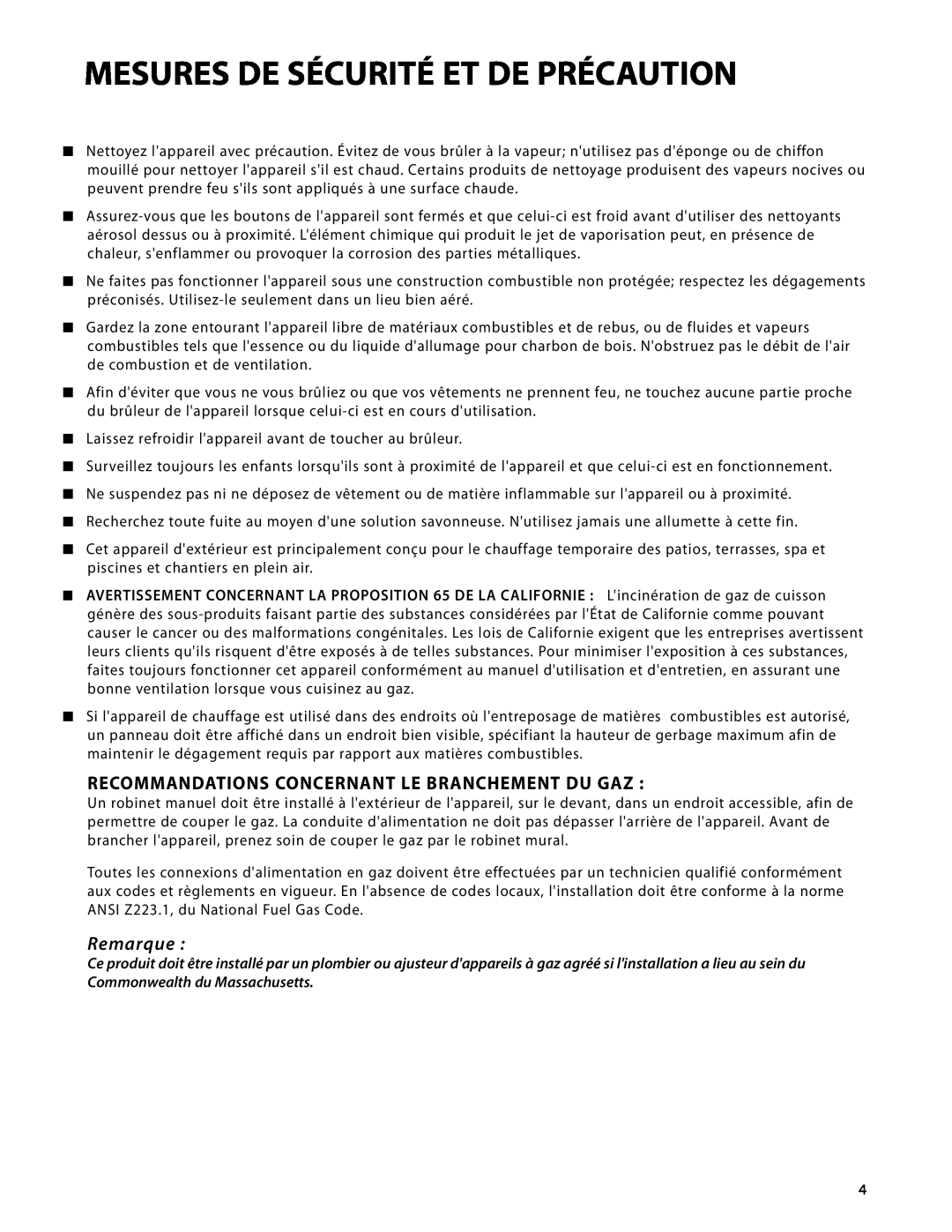 DCS DRH-48N manual Recommandations Concernant Le Branchement Du Gaz, Remarque, Mesures De Sécurité Et De Précaution 