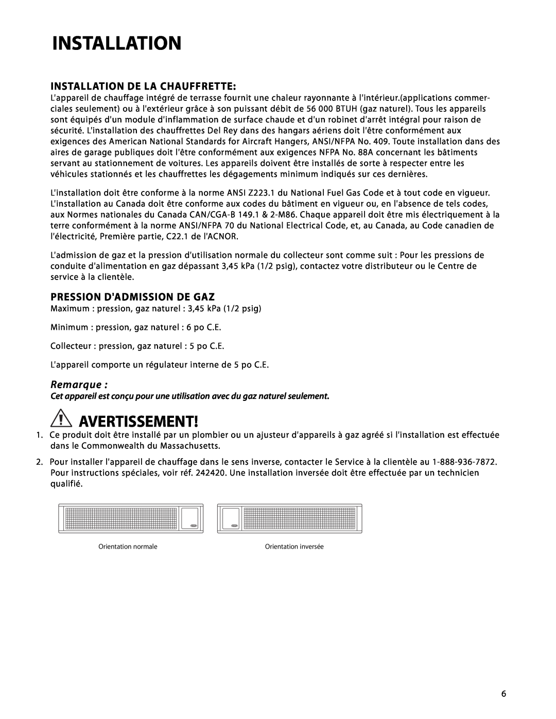 DCS DRH-48N manual Installation De La Chauffrette, Pression Dadmission De Gaz, Avertissement, Remarque 