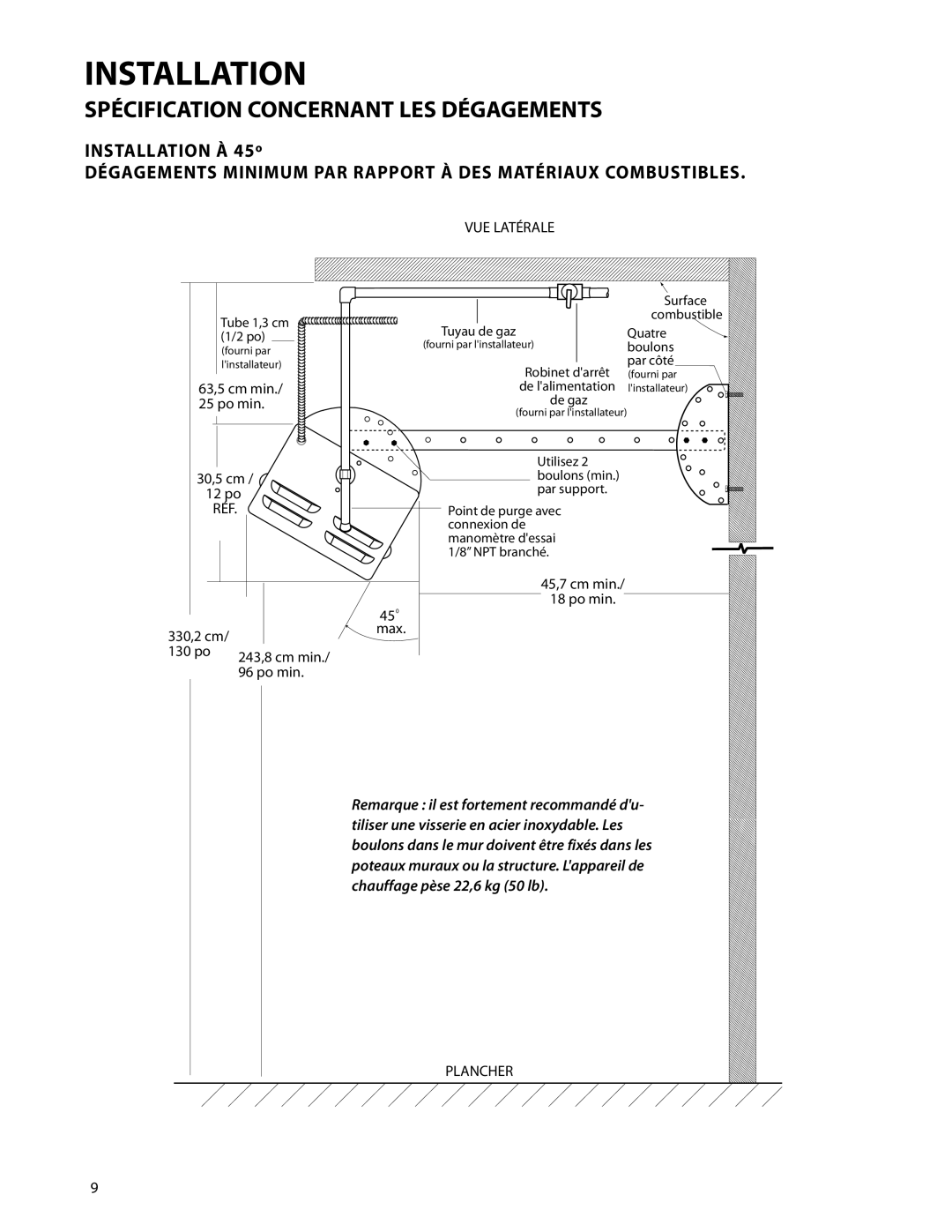 DCS DRH-48N manual INSTALLATION À 45º, Installation, Spécification Concernant Les Dégagements 