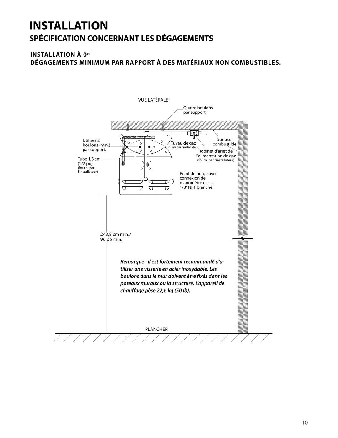 DCS DRH-48N Dégagements Minimum Par Rapport À Des Matériaux Non Combustibles, Installation, INSTALLATION À 0º, Plancher 