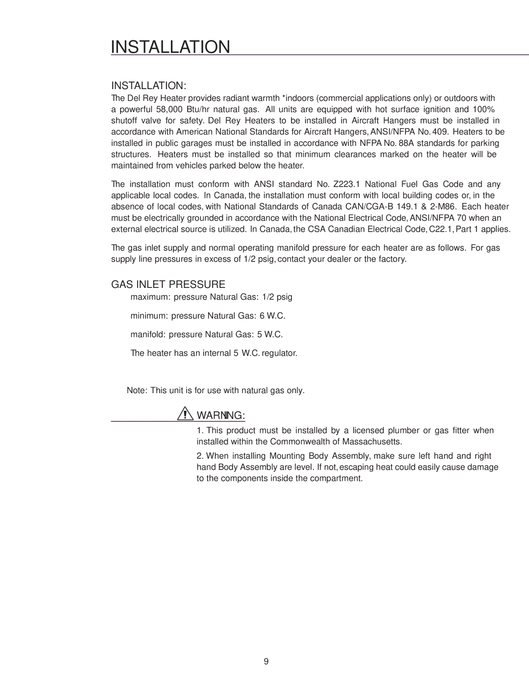 DCS DRH48N installation instructions Installation, GAS Inlet Pressure 