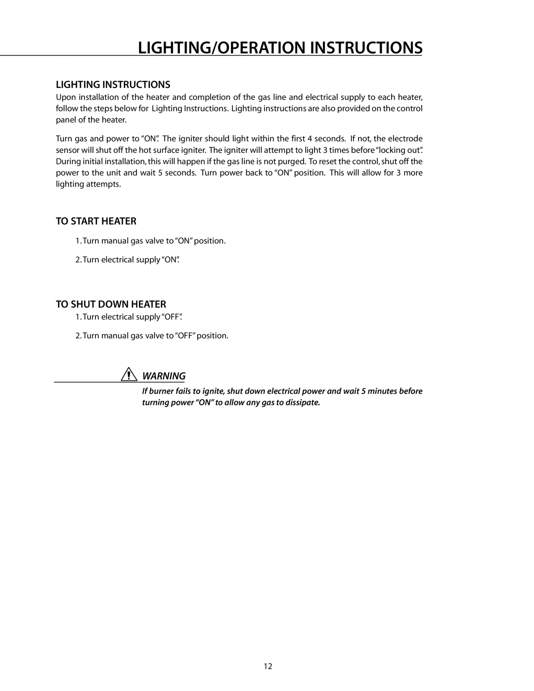 DCS DRH48N LIGHTING/OPERATION Instructions, Lighting Instructions, To Start Heater, To Shut Down Heater 