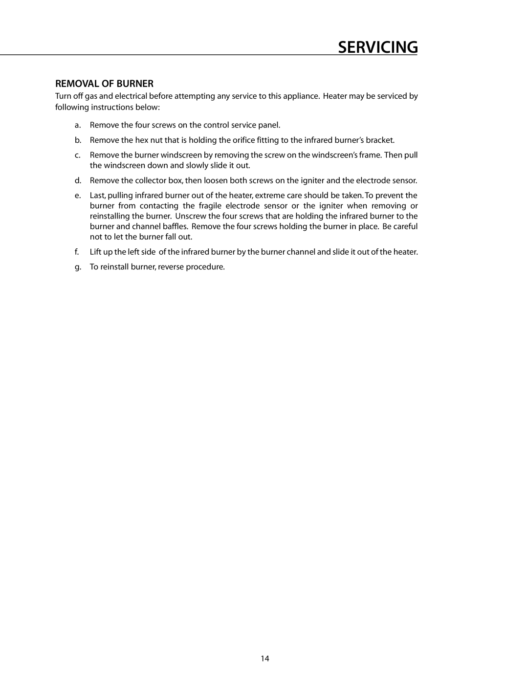 DCS DRH48N installation instructions Servicing, Removal of Burner 