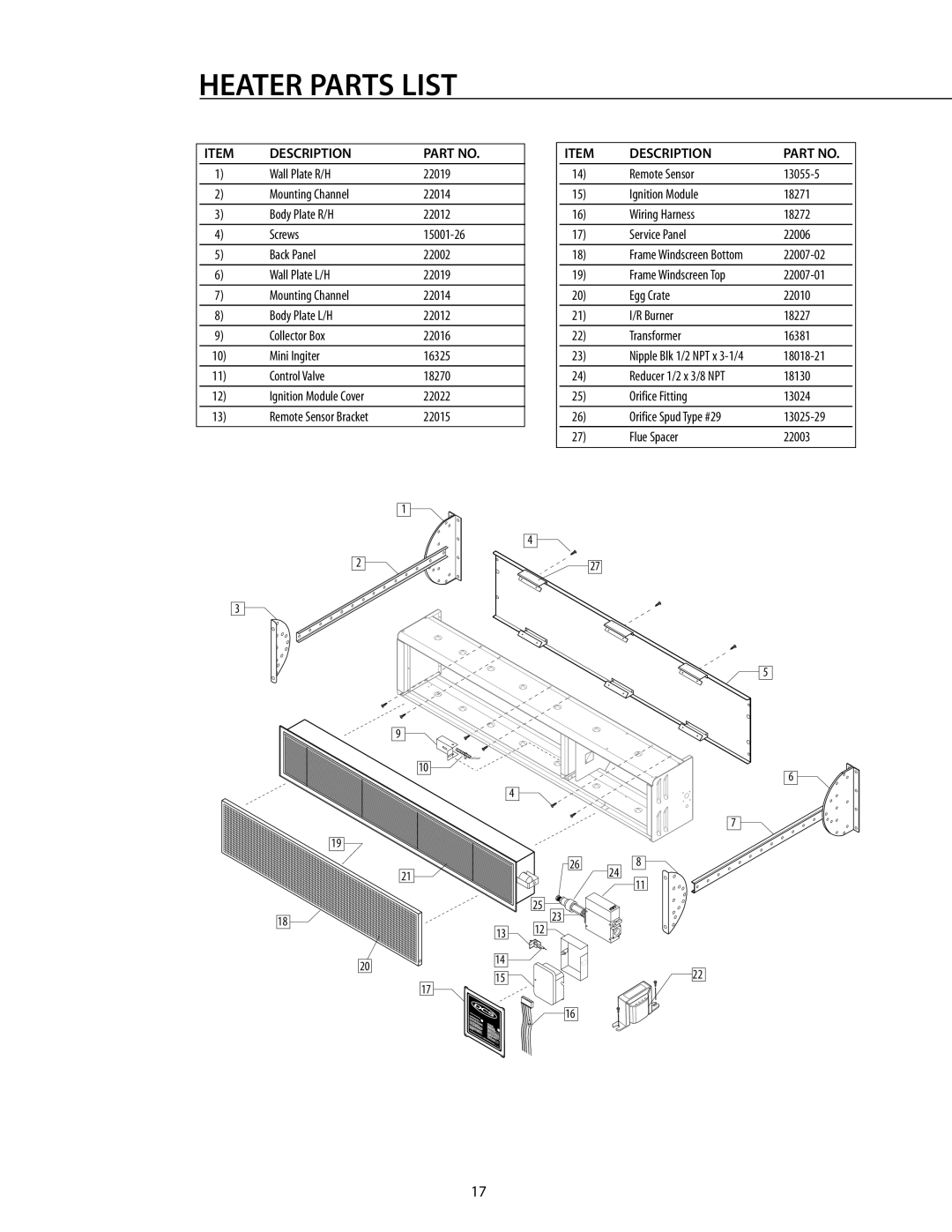 DCS DRH48N installation instructions Heater Parts List, Description 