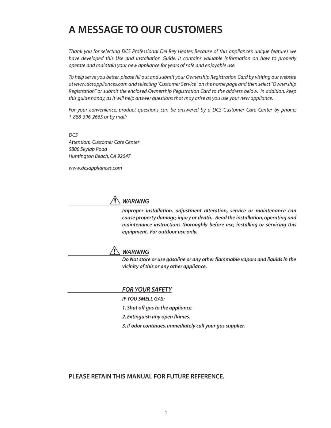 DCS DRH48N installation instructions Message to OUR Customers, Please Retain this Manual for Future Reference 