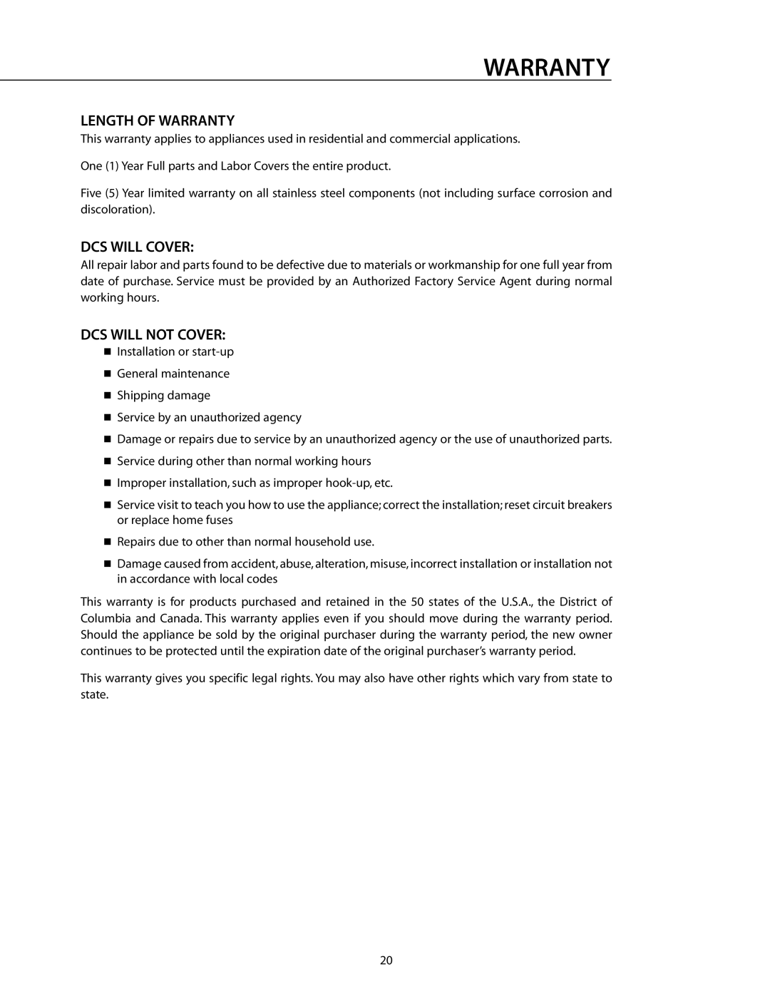 DCS DRH48N installation instructions Length of Warranty, DCS will Cover, DCS will not Cover 