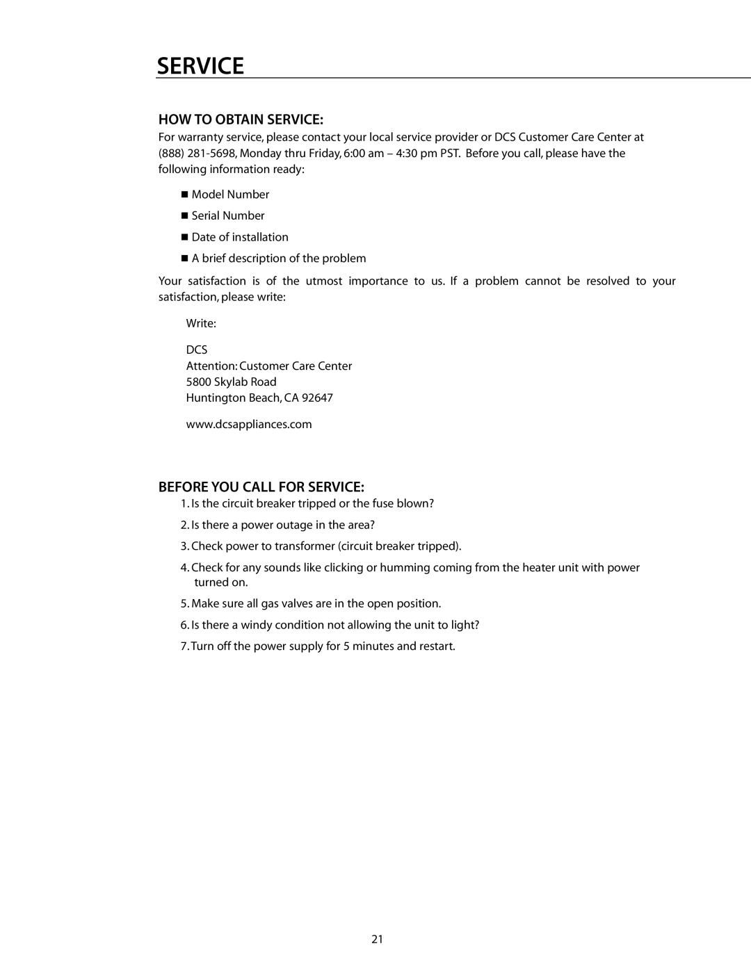 DCS DRH48N installation instructions HOW to Obtain Service, Before YOU Call for Service 