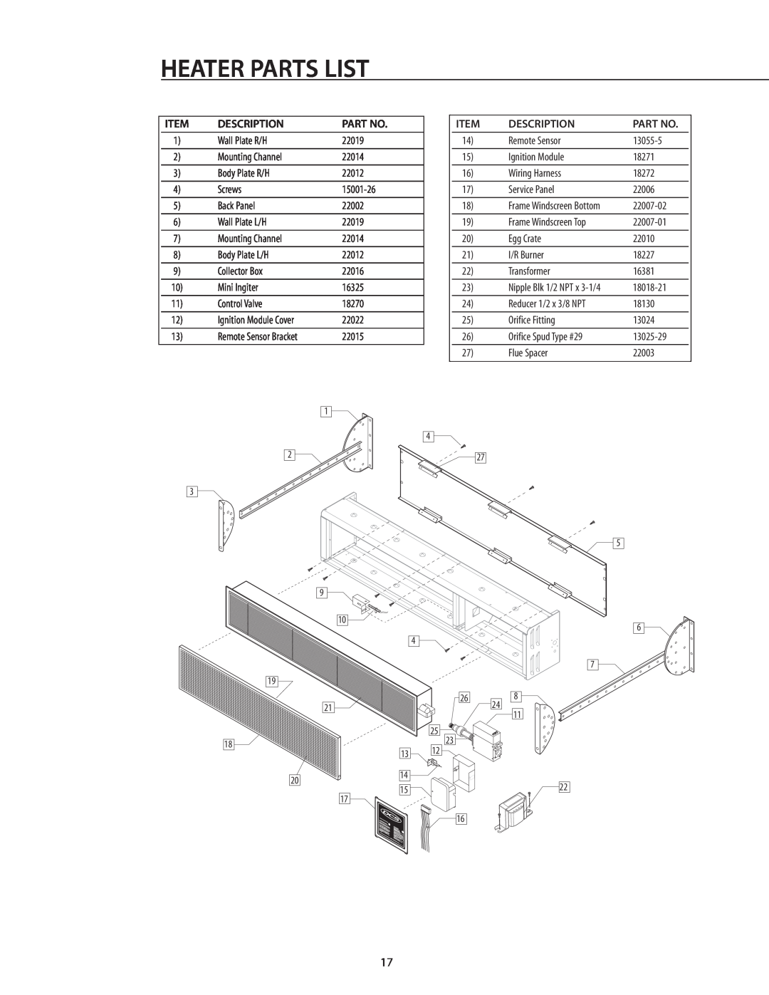DCS DRH48N installation instructions Heater Parts List 