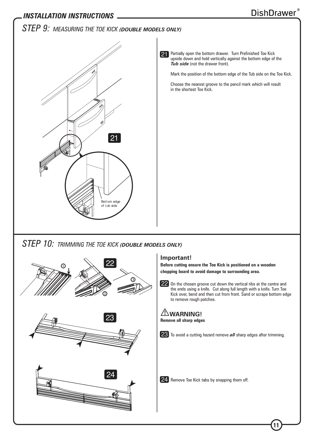 DCS DS224 Measuring the TOE Kick Double Models only, Trimming the TOE Kick Double Models only, Remove all sharp edges 