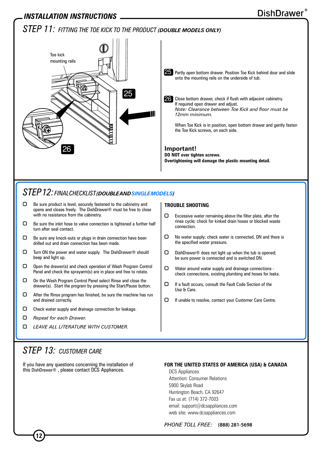 DCS DS224 installation instructions Finalchecklistdoubleandsinglemodels, Customer Care, Trouble Shooting 