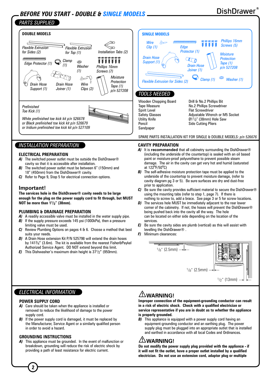 DCS DS224 Before YOU Start Double & Single Models, Parts Supplied, Tools Needed, Installation Preparation 