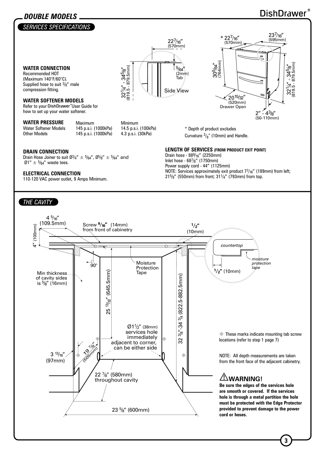 DCS DS224 Double Models, Services Specifications, Water Softener Models, Drain Connection, Electrical Connection 