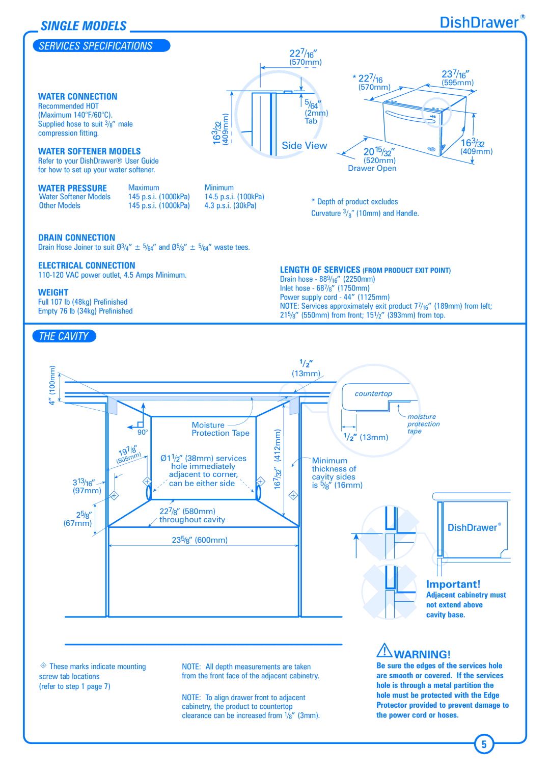 DCS DS224 installation instructions Single Models, Cavity 