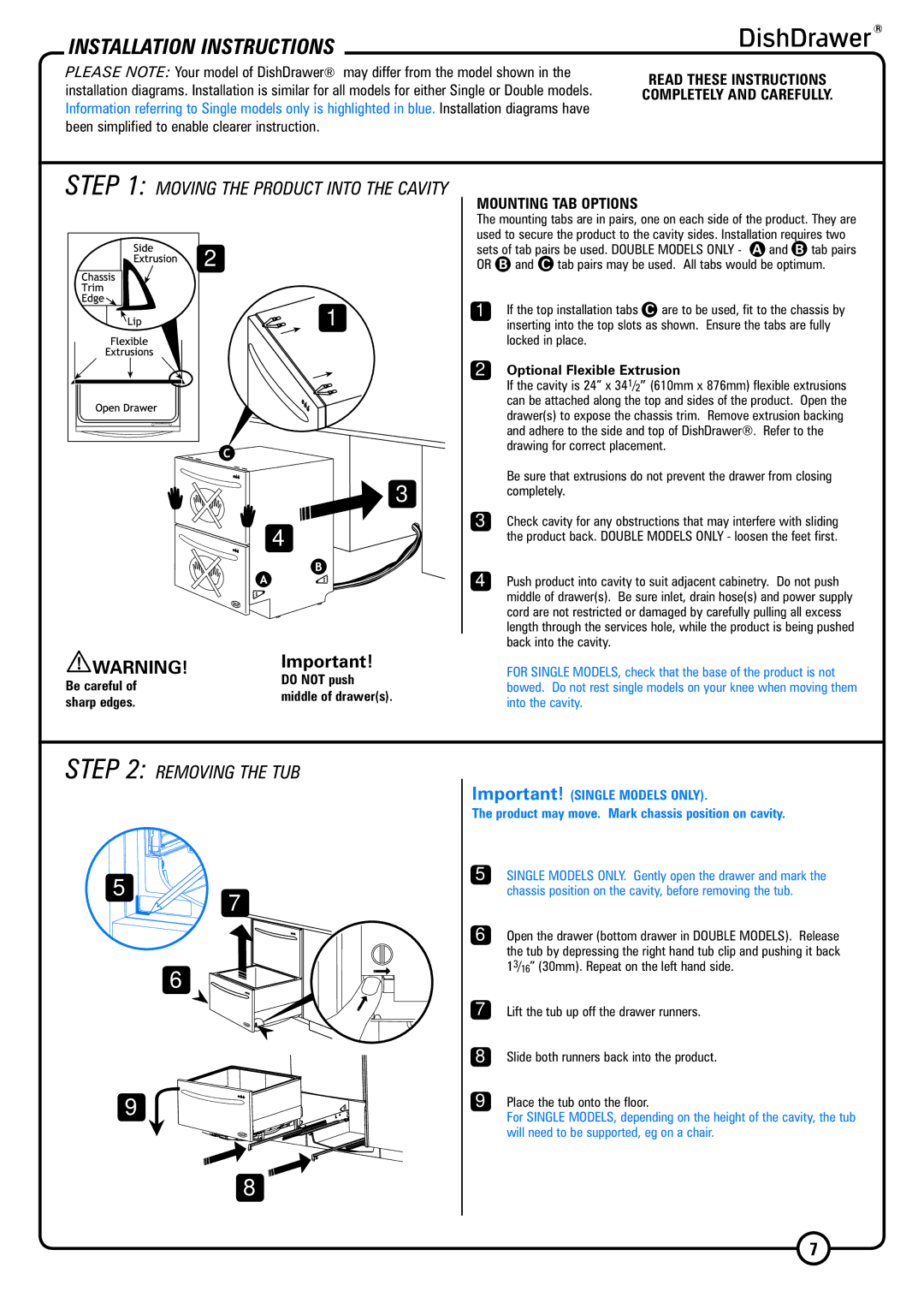 DCS DS224 installation instructions Installation Instructions, Removing the TUB, Mounting TAB Options 