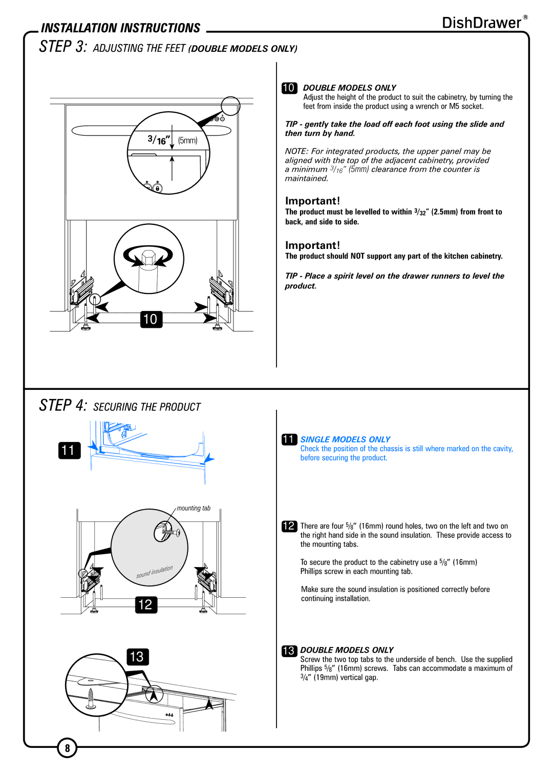 DCS DS224 installation instructions Securing the Product, Adjusting the Feet Double Models only 