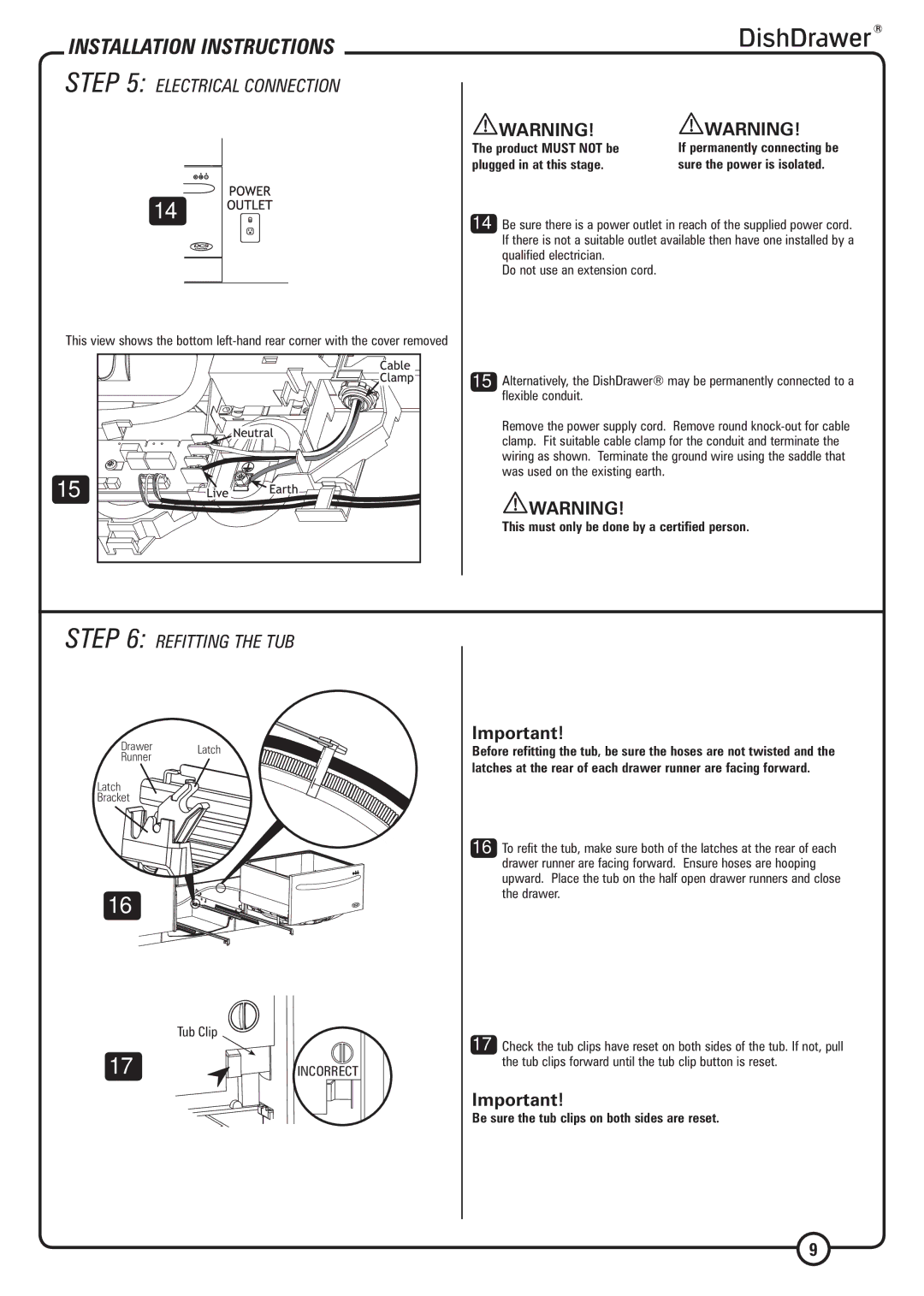 DCS DS224 installation instructions Electrical Connection, Refitting the TUB 