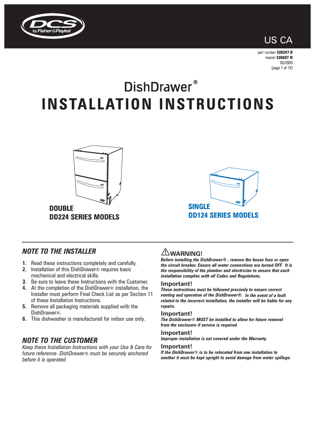 DCS DS224 installation instructions Note To The Installer, Note To The Customer, Installation Instructions, Us Ca, Double 