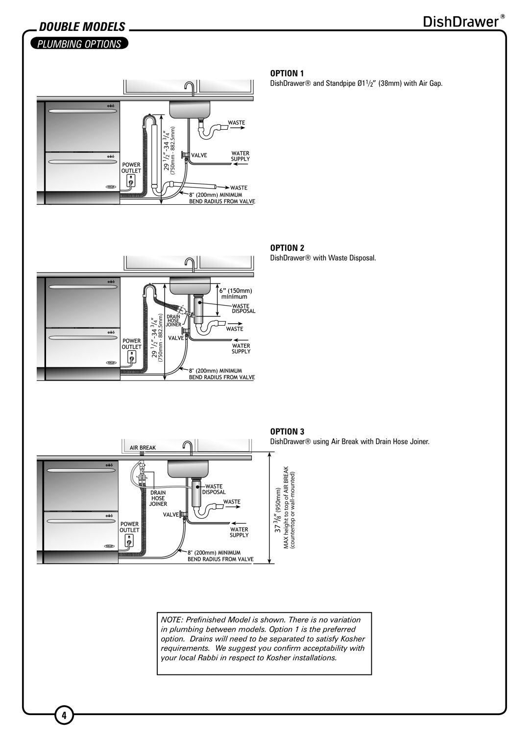 DCS DS224 installation instructions Plumbing Options, Double Models 