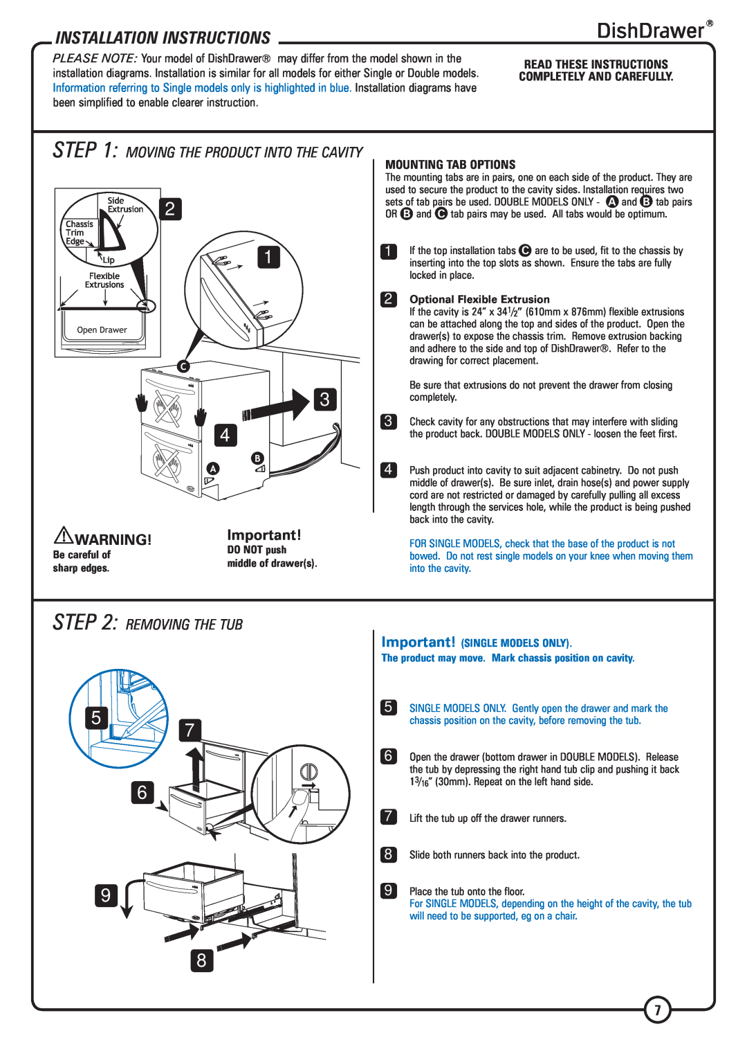 DCS DS224 Installation Instructions, Removing The Tub, Mounting Tab Options, Moving The Product Into The Cavity 