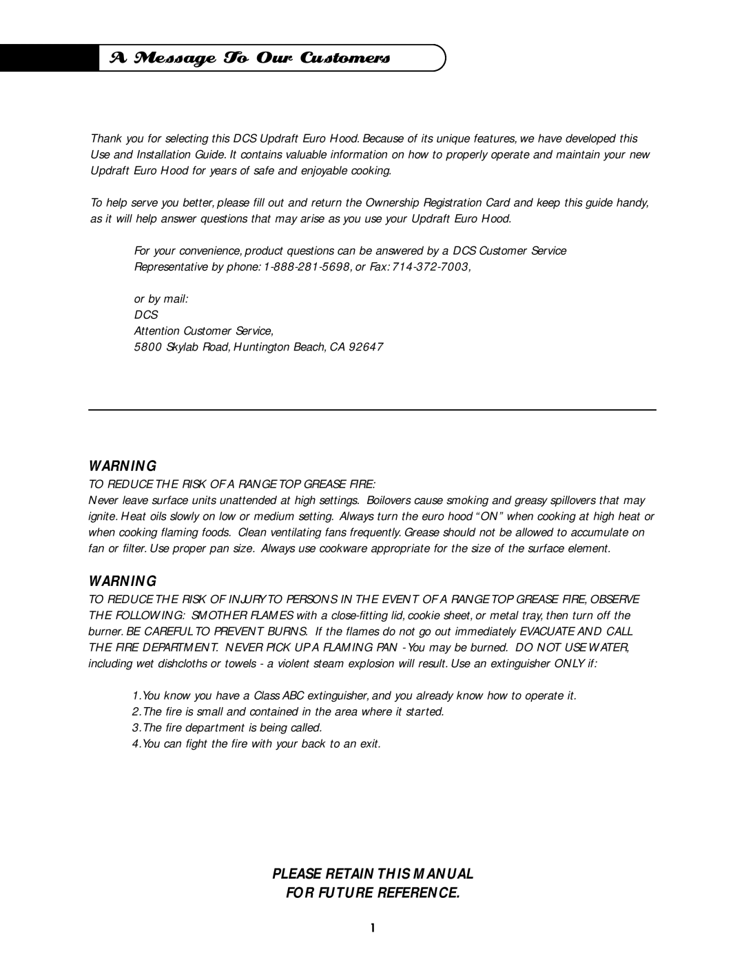 DCS EH-30SS, EH-36SS manual Message To Our Customers, To Reduce the Risk of a Range TOP Grease Fire 