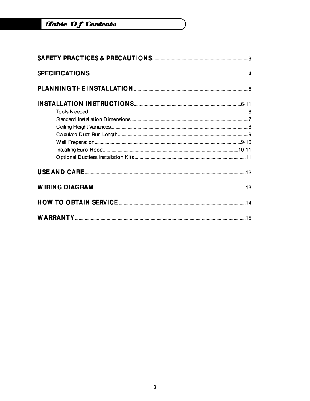 DCS EH-36SS, EH-30SS manual Table Of Contents, Safety Practices & Precautions, Installation Instructions 