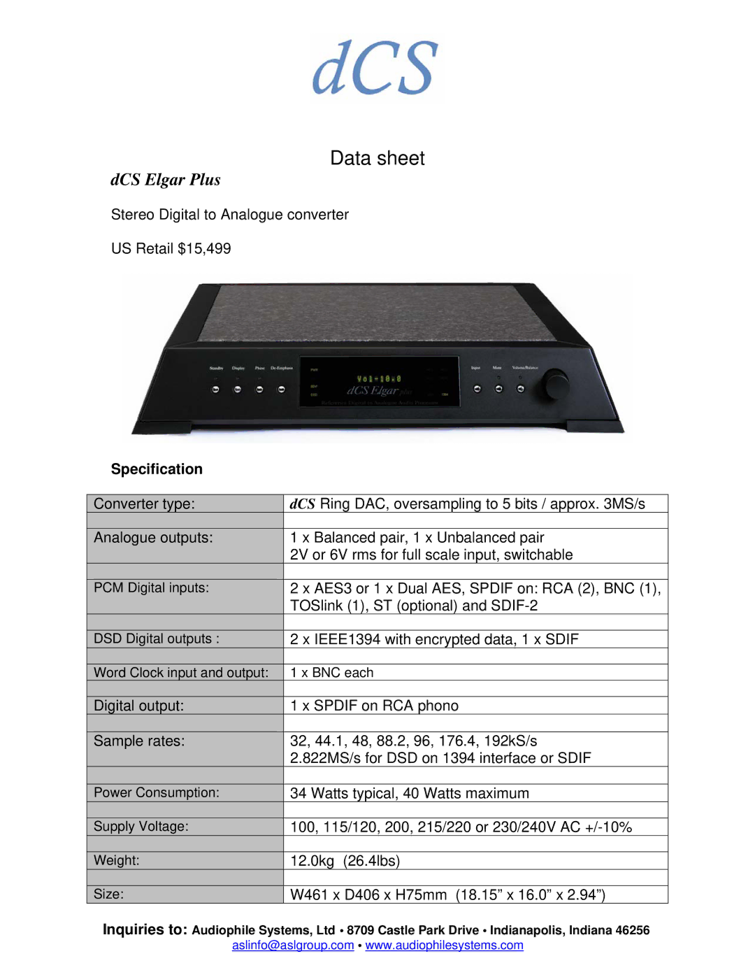 DCS manual Data sheet, DCS Elgar Plus, Specification 