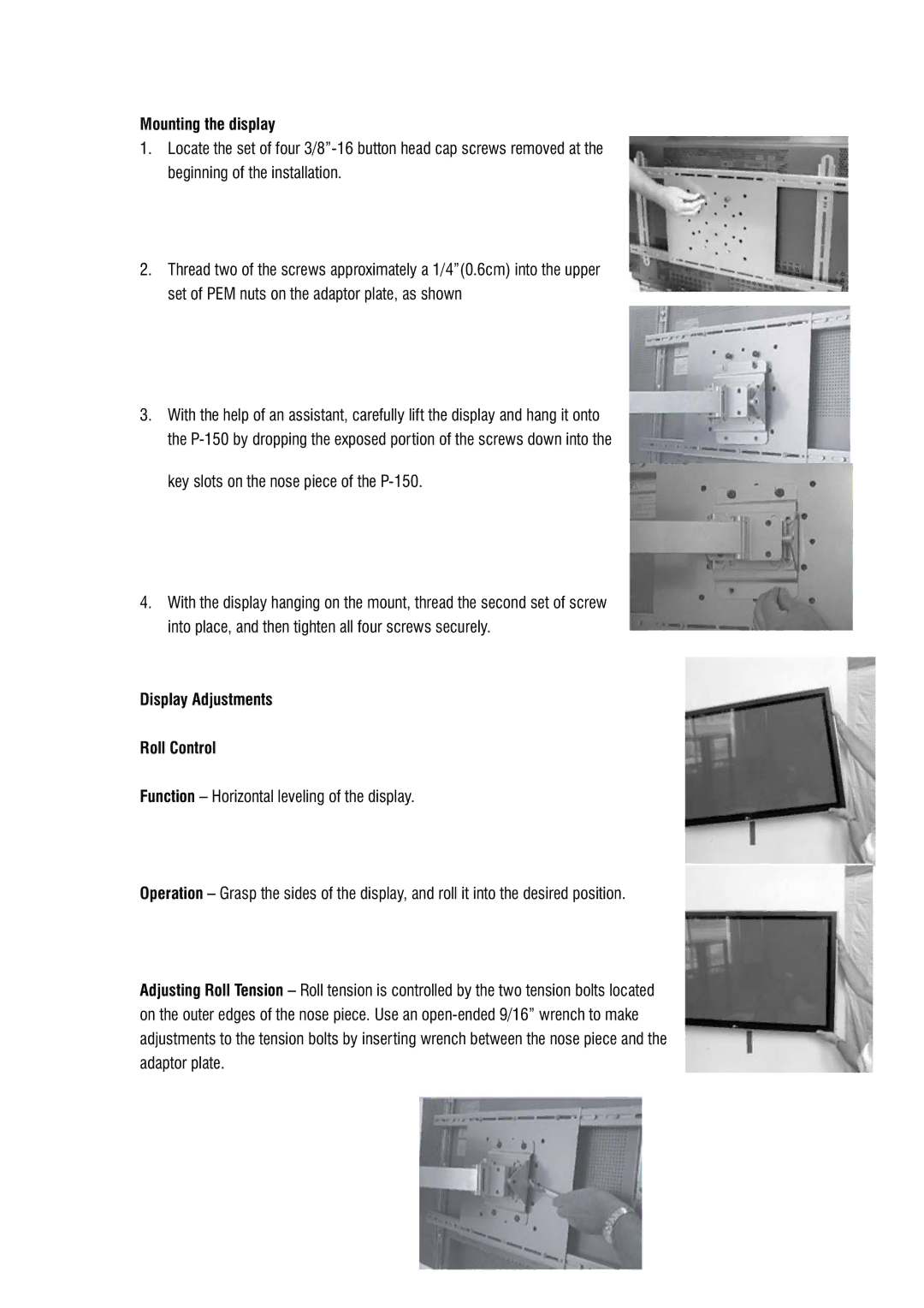 DCS Flat Panel TV warranty Mounting the display, Display Adjustments Roll Control 