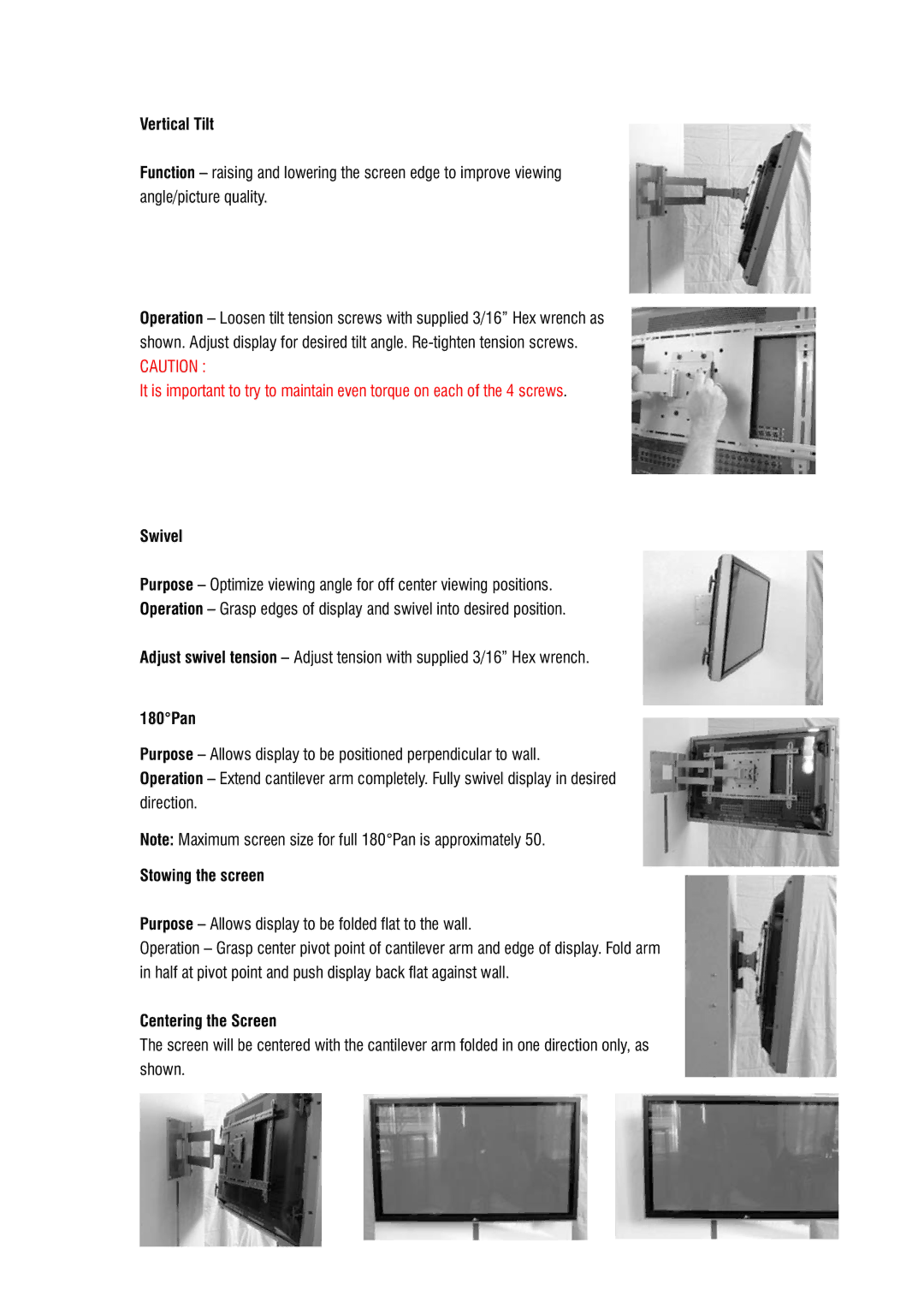 DCS Flat Panel TV warranty Vertical Tilt, Swivel, 180¡Pan, Stowing the screen, Centering the Screen 