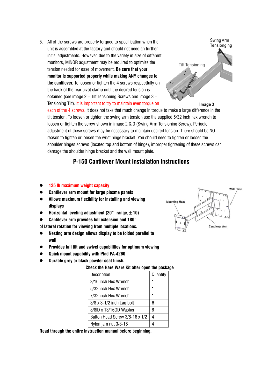 DCS Flat Panel TV warranty Cantilever Mount Installation Instructions 