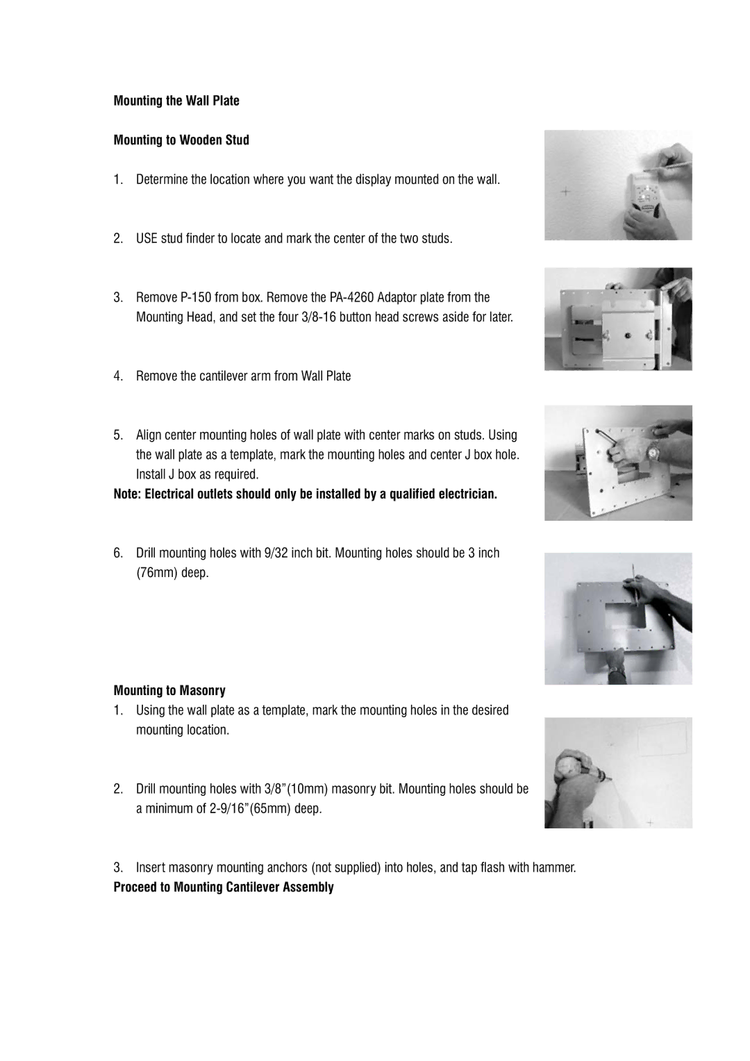 DCS Flat Panel TV warranty Mounting the Wall Plate Mounting to Wooden Stud, Mounting to Masonry 