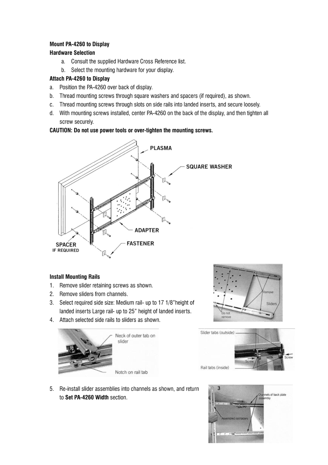 DCS Flat Panel TV warranty Mount PA-4260 to Display Hardware Selection, Attach PA-4260 to Display, Install Mounting Rails 