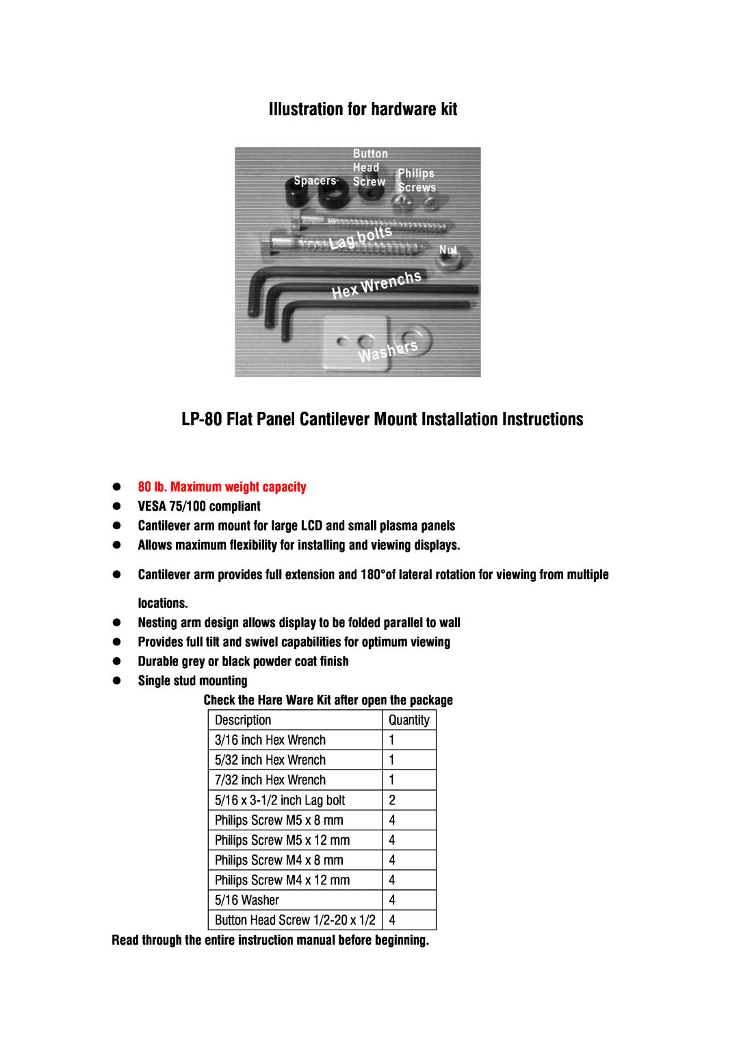 DCS Flat Panel TV warranty Illustration for hardware kit, LP-80 Flat Panel Cantilever Mount Installation Instructions 