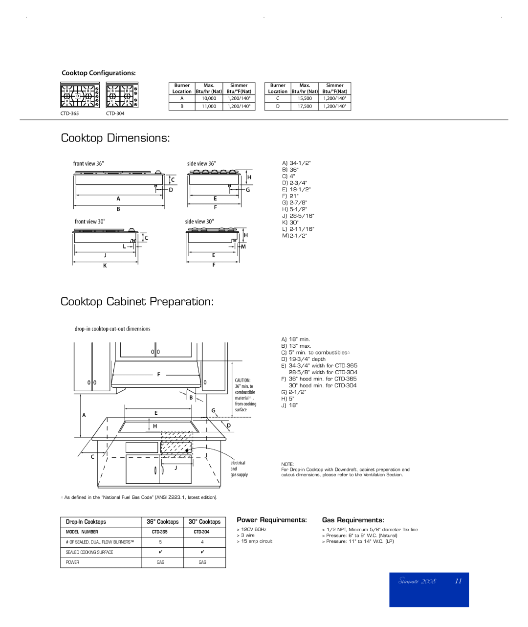 DCS ICDI Summer, Cooktop Dimensions, Cooktop Cabinet Preparation, Cooktop Configurations, Power Requirements, 36” Cooktops 