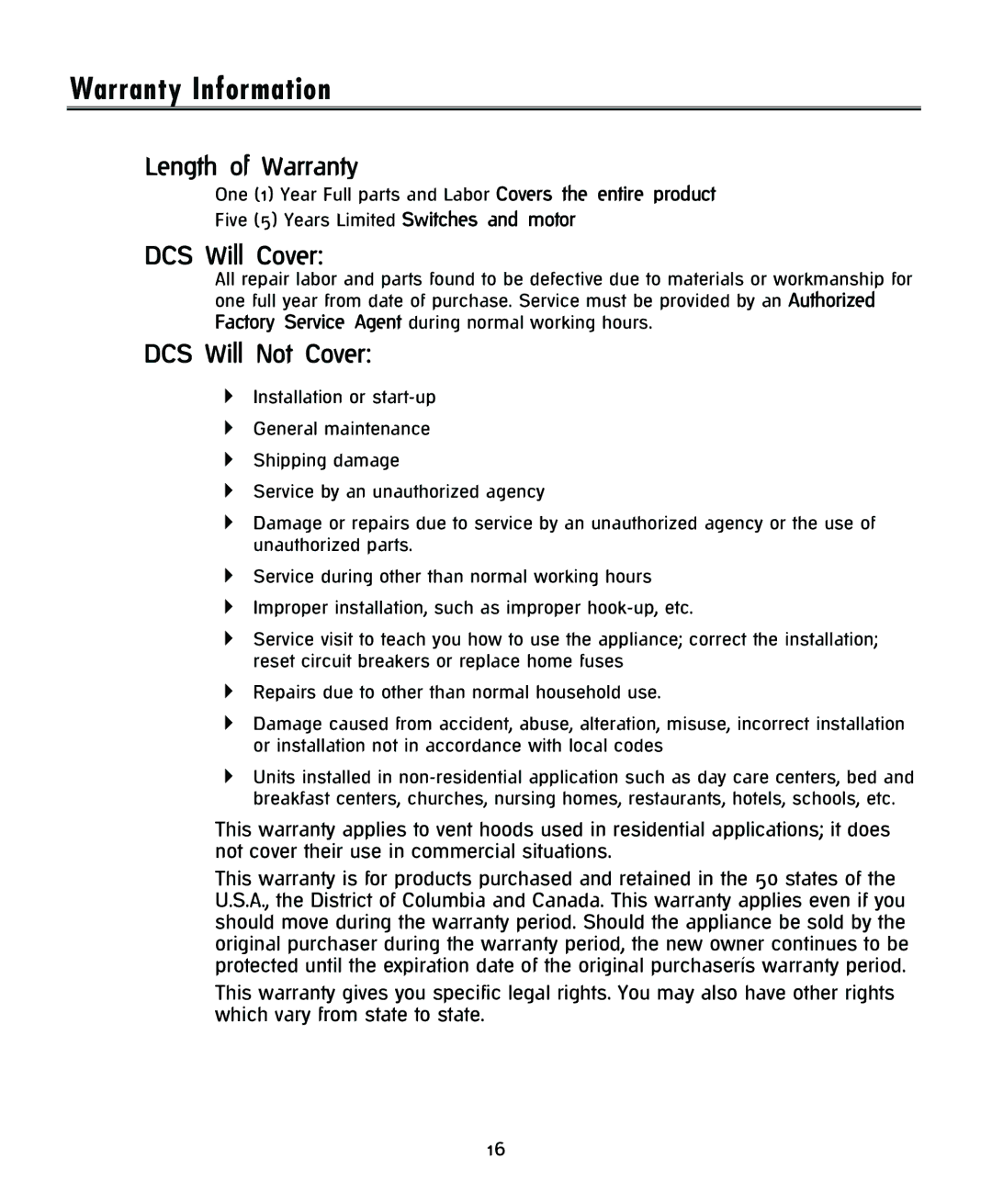 DCS IVH-48 installation instructions Warranty Information, Length of Warranty, DCS Will Cover, DCS Will Not Cover 