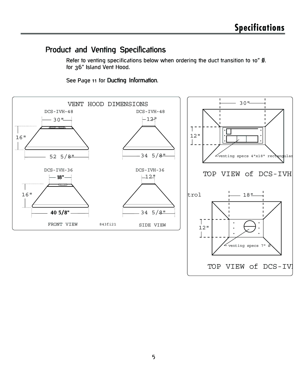 DCS IVH-48 installation instructions Product and Venting Specifications 