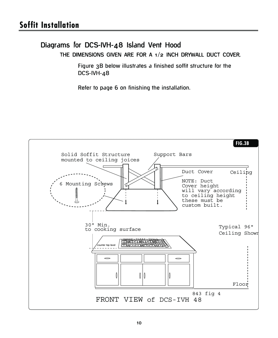 DCS installation instructions Soffit Installation, Diagrams for DCS-IVH-48 Island Vent Hood, FRONT VIEW of DCS-IVH 