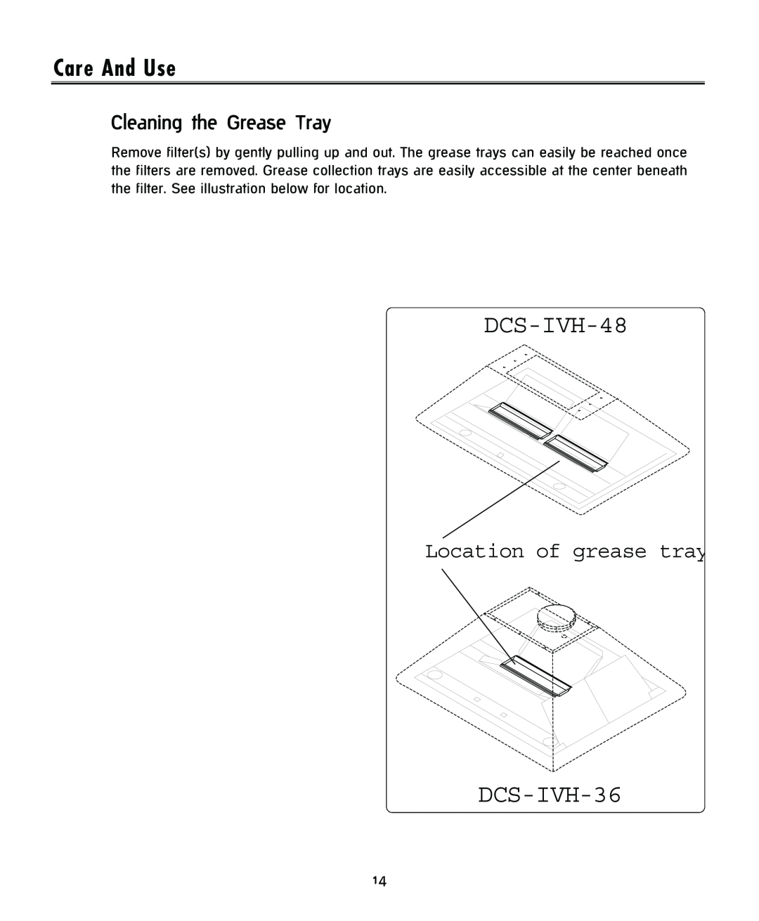 DCS installation instructions DCS-IVH-48, DCS-IVH-36, Care And Use, Location of grease tray, Cleaning the Grease Tray 
