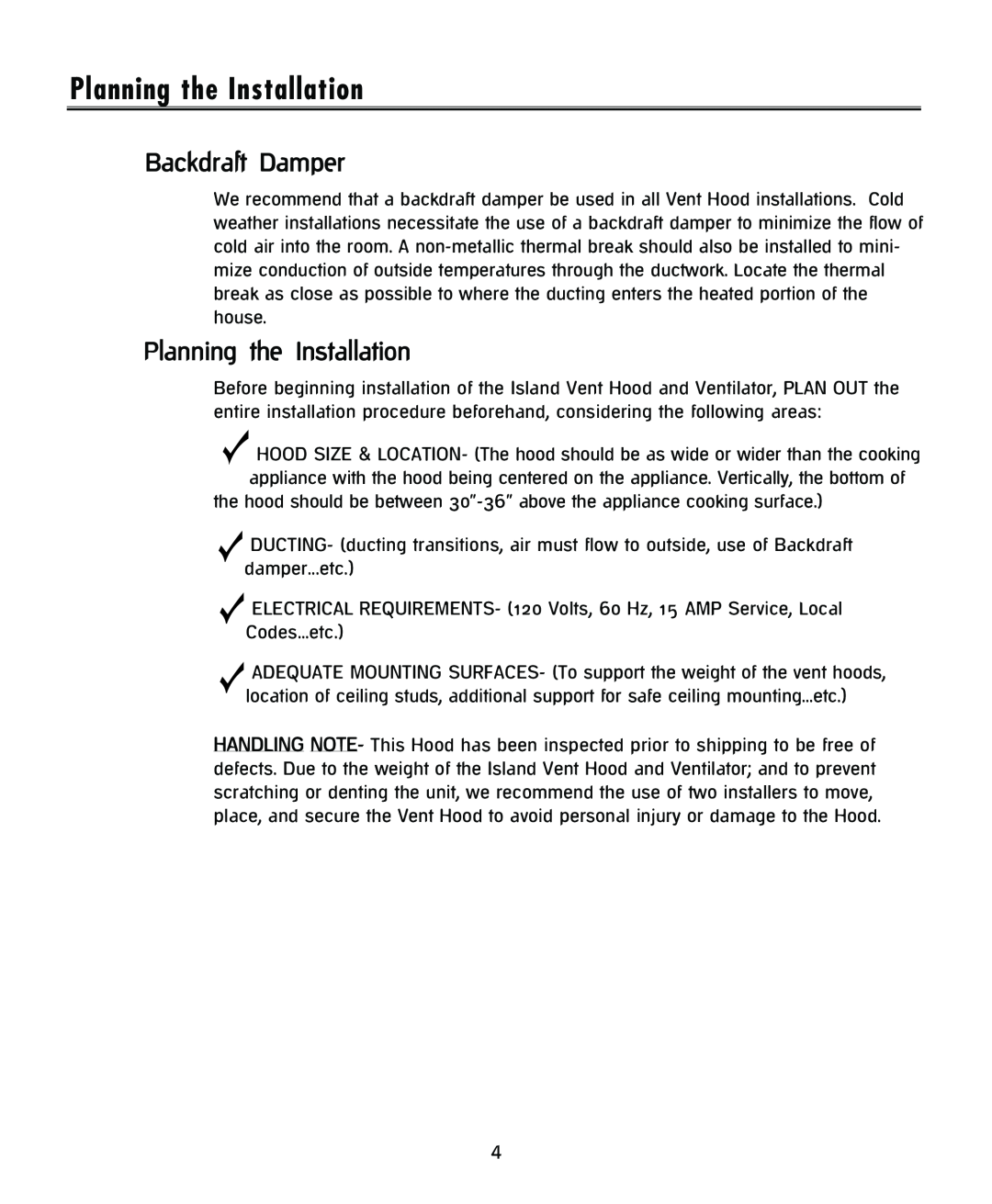 DCS IVH-48 installation instructions Planning the Installation, Backdraft Damper 