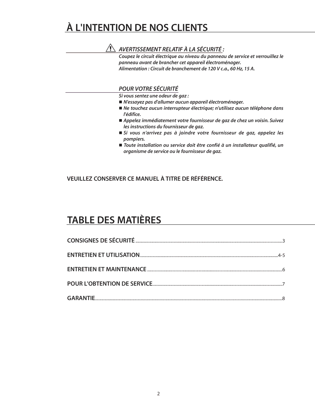 DCS IVS40, IVS52 manual Table DES Matières, Avertissement Relatif À LA Sécurité, Pour Votre Sécurité 