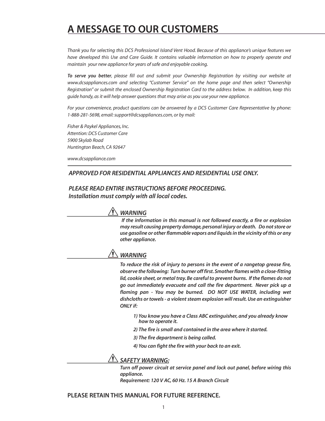 DCS IVS40, IVS52 manual Message to OUR Customers, Safety Warning, Please Retain this Manual for Future Reference 