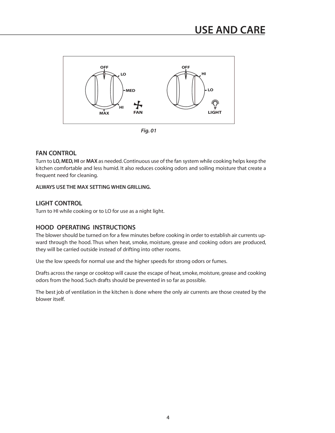 DCS IVS52, IVS40 manual USE and Care, FAN Control, Light Control, Hood Operating Instructions 