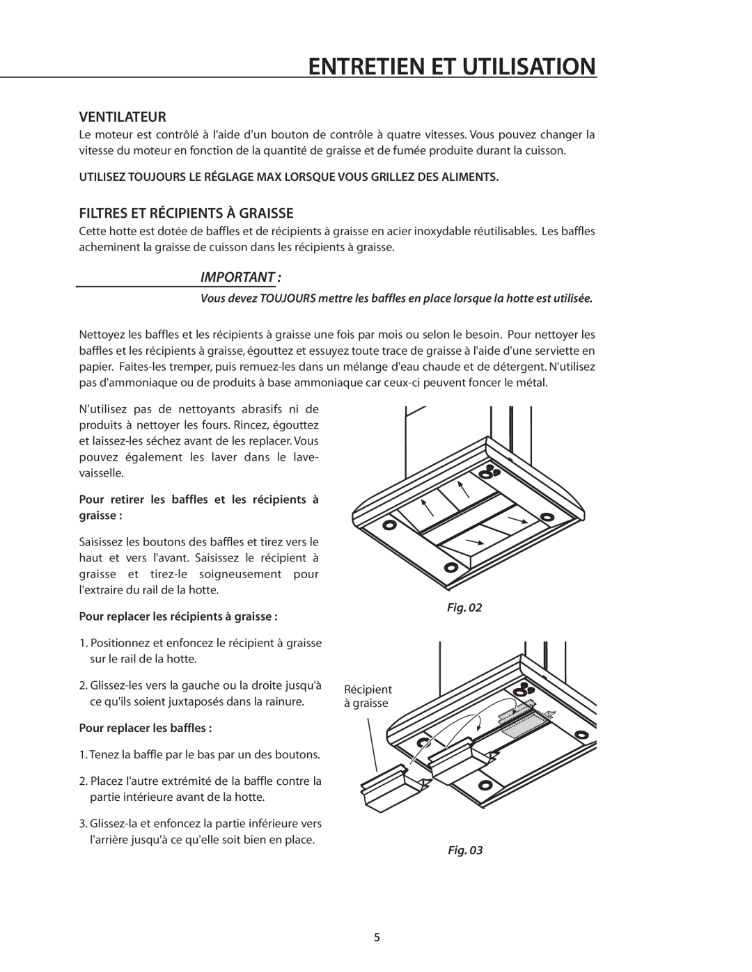 DCS IVS52, IVS40 manual Ventilateur, Filtres Et Récipients À Graisse, Entretien Et Utilisation 